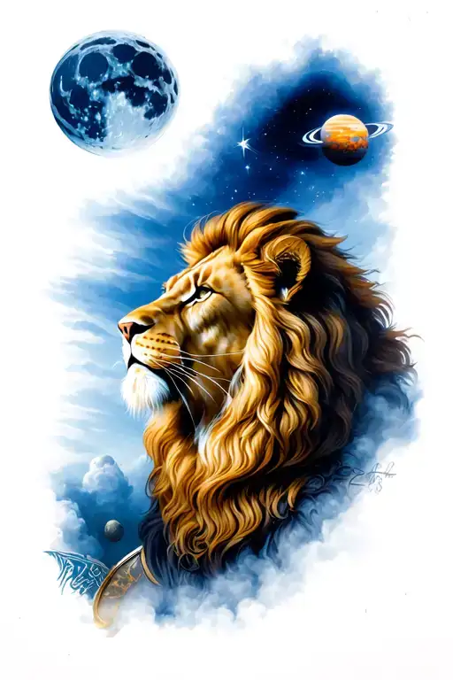 Style gladiator movie Leon looking at the sky at night looking at the moon and the planets giving the lion tattoo design idea