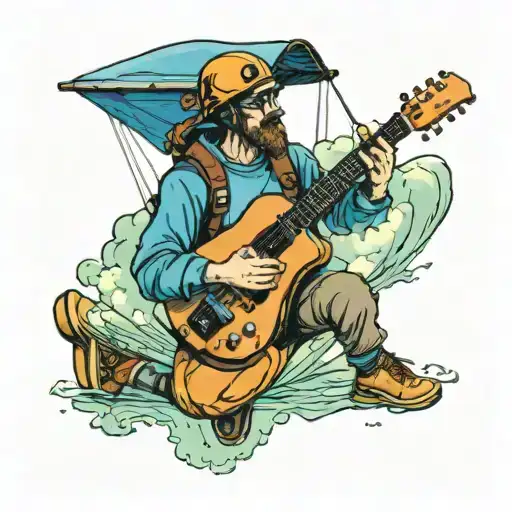 A musician playing guitar and harmonica on a paraglider high above the ocean tattoo design idea