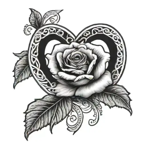 black-and-gray design featuring a horseshoe with a rose in the center. The horseshoe is positioned in a "U" shape, symbo tattoo design idea