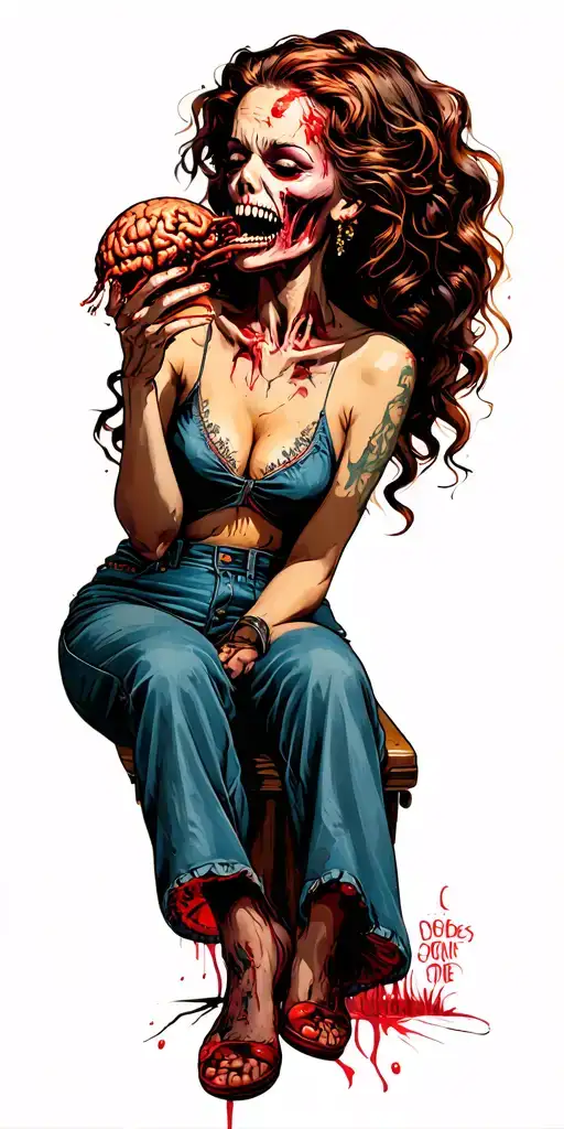 Zombie Pin Up Girl 1950 eating  man brains sitting on a Chevy truck big boobies tattoo design idea