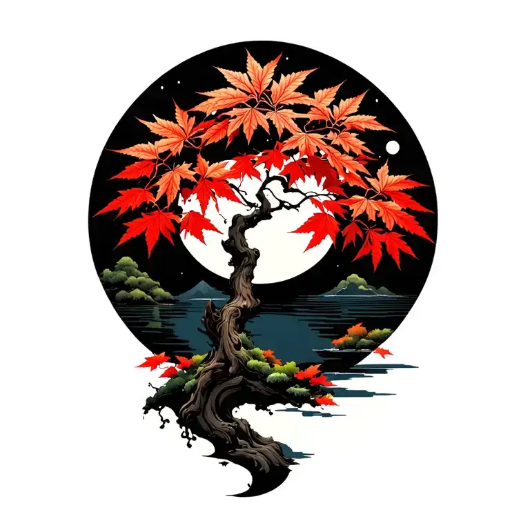 Japanese maple tree with leaves moon tattoo design idea