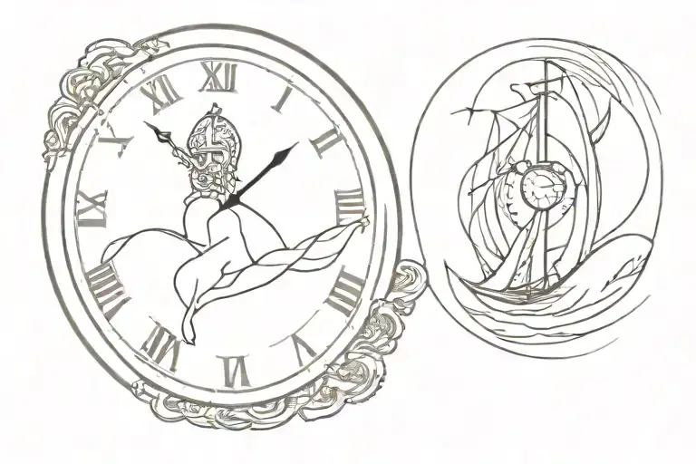 a clock in the middle with a viking above it looking over it and a ship below the clock with waves in the backround tattoo design idea