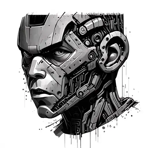 noisy boy from real steel only head with circuits coming out from where was his neck since he was decapitaded tattoo design idea