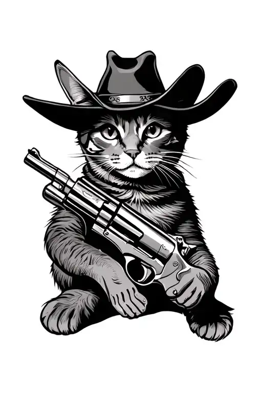 cowboy cat with revolver tattoo design idea