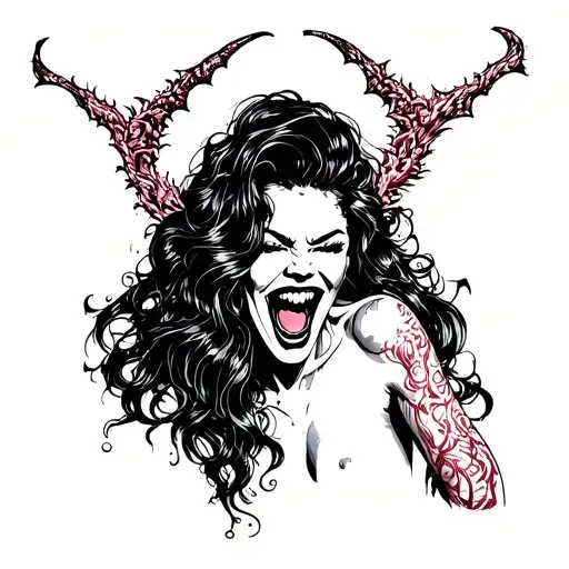 Sexy laughing woman monster tattoo design idea