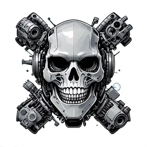 evil looking robot skull surrounded by spare parts tattoo design idea