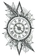 arrow with a clock in half with fading Roman numerals and the other half a compass and in the middle of that a J tattoo design idea