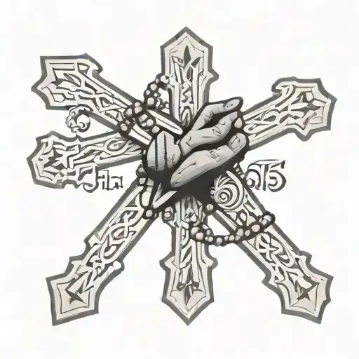 the words "tua fata signatus est" between two crosses and praying hands with a rosary below it tattoo design idea