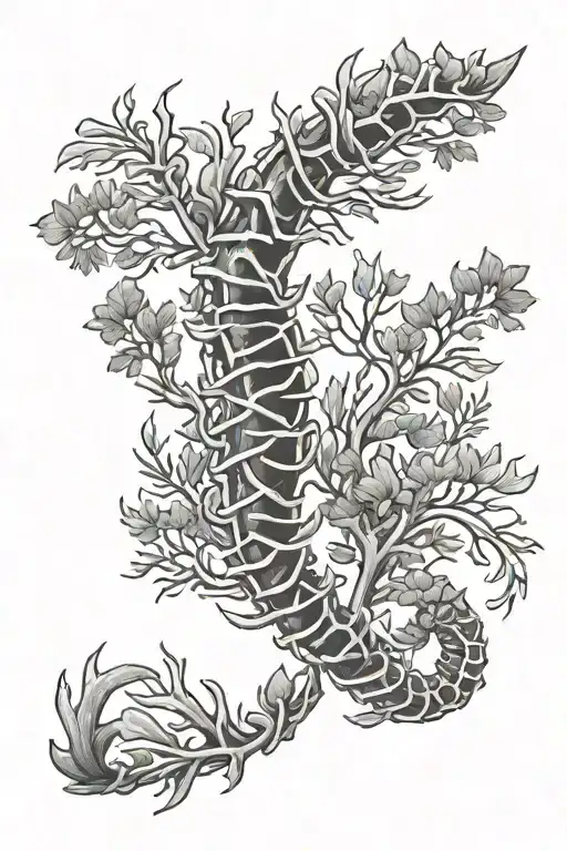 ocean animal spine tattoo with sea kelp tattoo design idea
