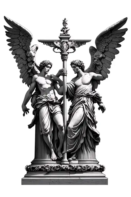 stone Roman pillars and stone angels fighting demons tattoo design idea