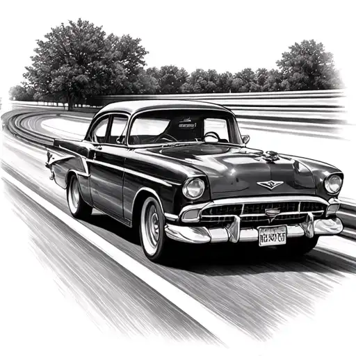 A dotwork tattoo of a classic car speeding down an open highway tattoo design idea