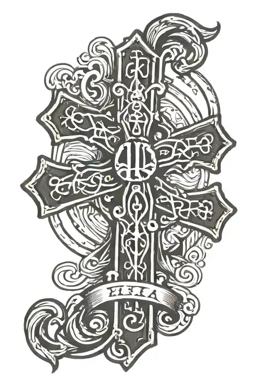 a cross with a chi rho alpha omega symbol tattoo design idea