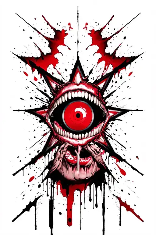 star and on the inside of the star vampire teeth and a target with the bulleye in the middle of the mouth tattoo design idea
