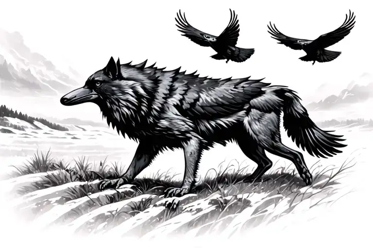 a crow flying leading a wolf back home tattoo design idea