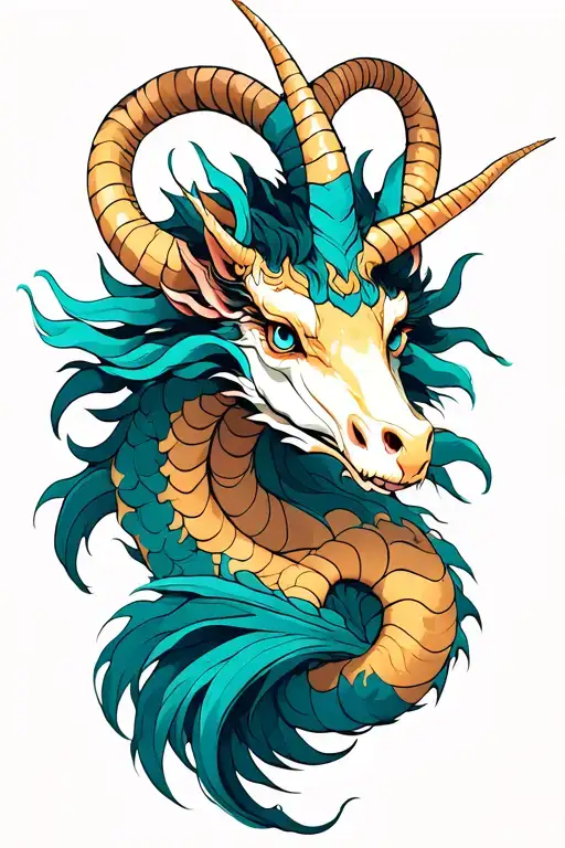 Capricorn head with long curled dragon tail tattoo design idea