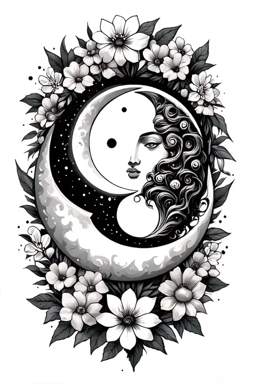 sun and moon together as one surrounded by flowers  tattoo design idea