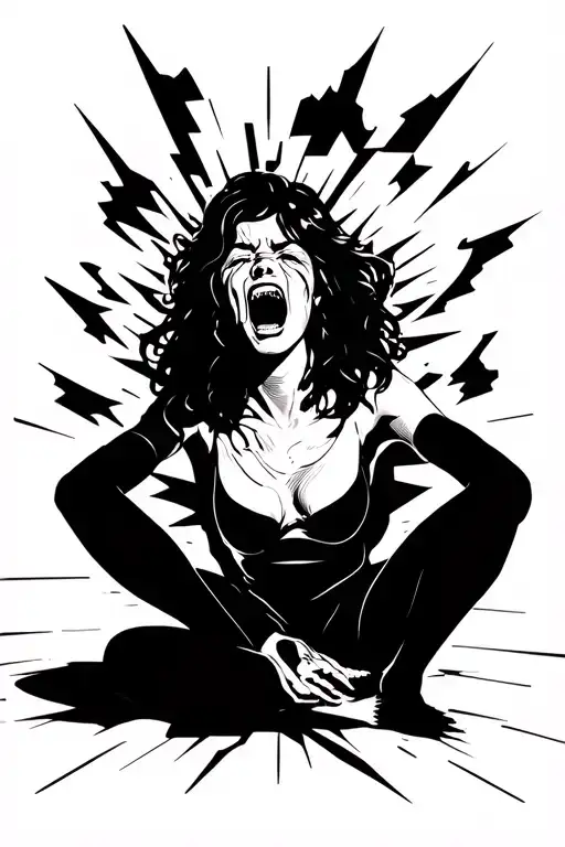 silhouette of a crying lady on her knees screaming blasting aura from her eyes and mouth tattoo design idea