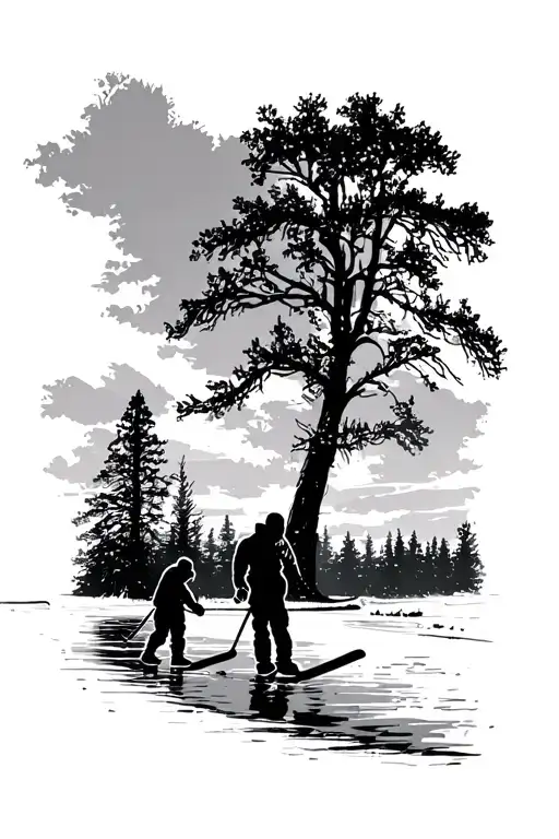 pond hockey and trees tattoo design idea