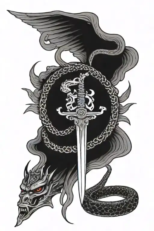 angel wings, sword, crown, snake coiled tattoo design idea