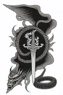 angel wings, sword, crown, snake coiled tattoo design idea