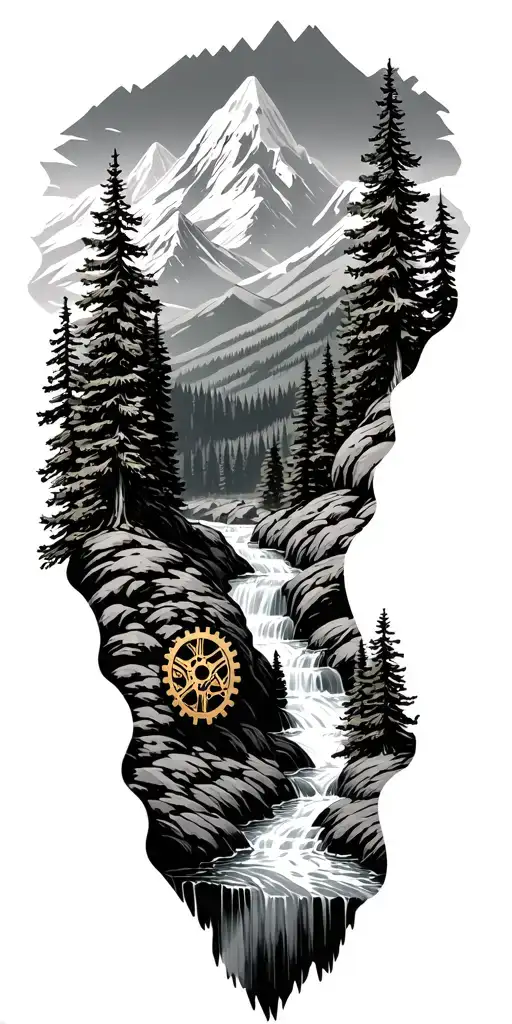mountain peaks, pine trees, creek, gears and mechanical parts tattoo design idea