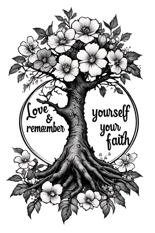 poison tree with flowers with English round hound cursive saying " love yourself & remember your faith" tattoo design idea