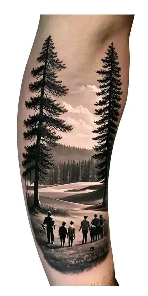 pine forest scene and family on golf course and ansel adams and time tattoo design idea