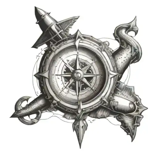 a compass with a trident below and a submarine above tattoo design idea