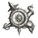 a compass with a trident below and a submarine above tattoo design idea