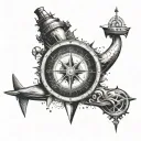 a compass with a trident below and a submarine above tattoo design idea