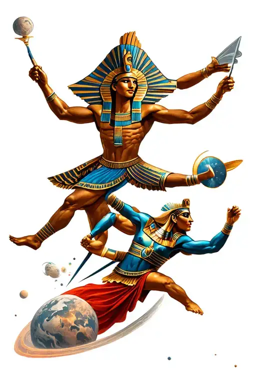 Egyptian gods are fighting in space tattoo design idea