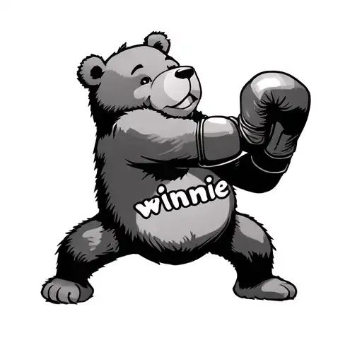 bear inspired by the Winnie-the-Pooh illustrations, standing in a boxing walk-in pose. "winnie" on the back tattoo design idea