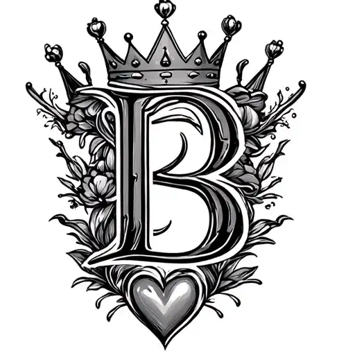 letter B with crown and heart tattoo design idea