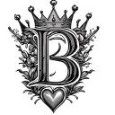 letter B with crown and heart tattoo design idea