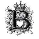 letter B with crown and heart tattoo design idea