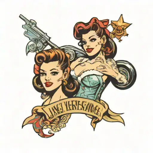 "Pin-up Rockabilly tattoo with 'Laugh Now, Cry Later' in a vintage style, featuring playful elements, bold lines, and a  tattoo design idea