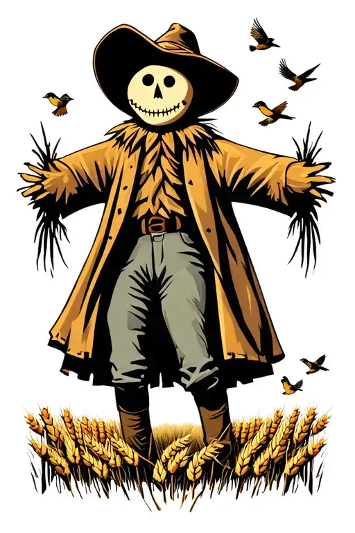 Scarecrow hanging in a wheat field. Small Sparrows fly in the sky behind him.  tattoo design idea
