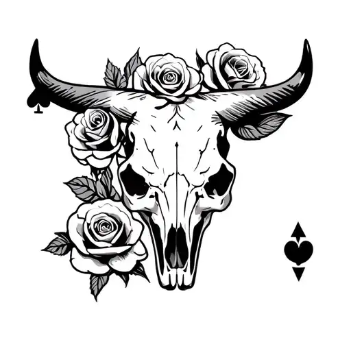 aces card and bull skull with roses tattoo design idea