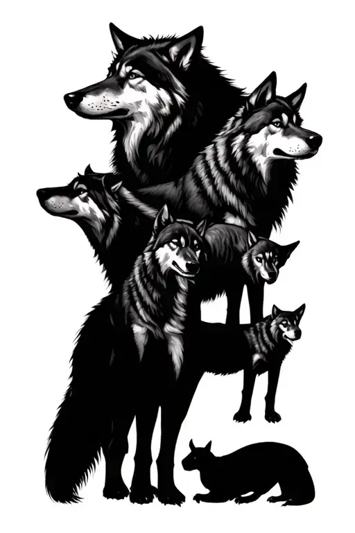wolf protecting his family of 4 tattoo design idea