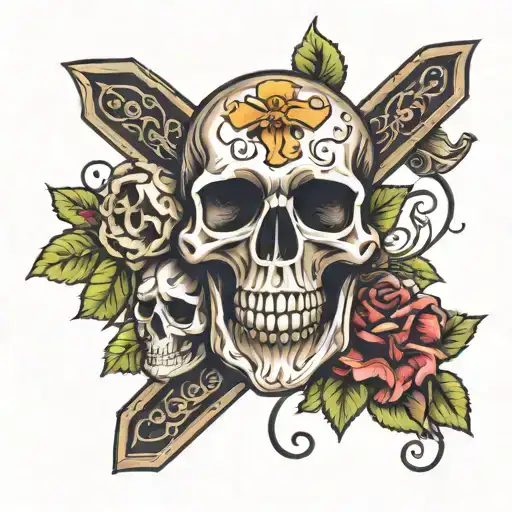 skull , Rosario cross with flowers tattoo design idea