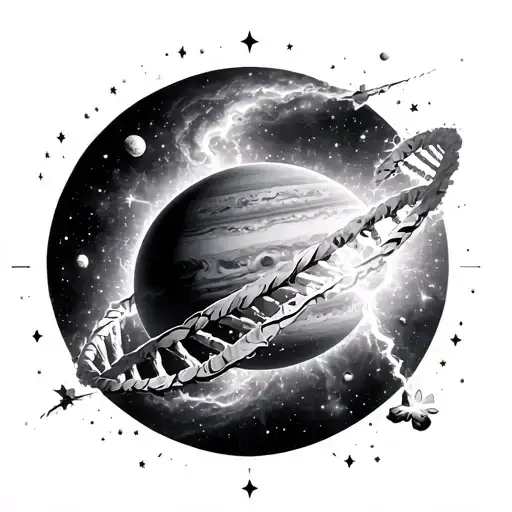 DNA double helix. Galaxy nebula with plasma jet from the center. fictitious planet Jupiter. Asteroid with tail. Star hexagon tattoo design idea