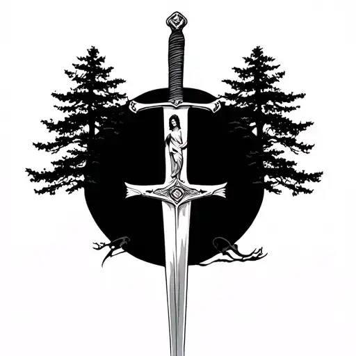 sword with trees and jesus tattoo design idea