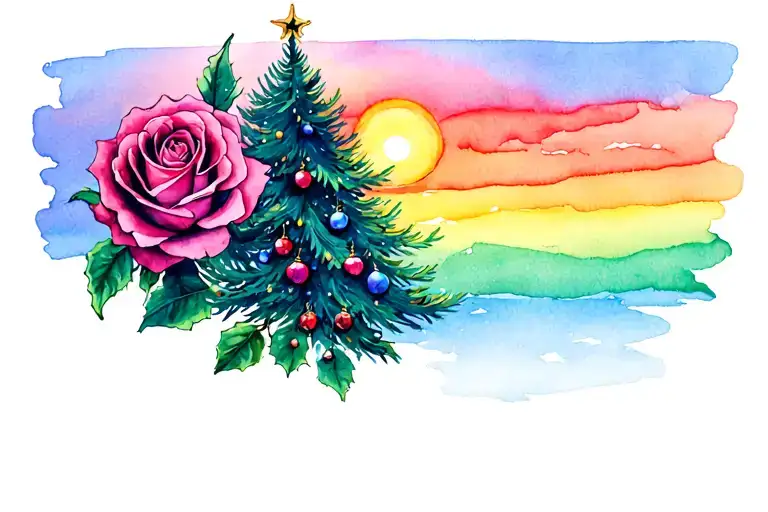 rose, Christmas tree, rainbow, sun setting tattoo design idea