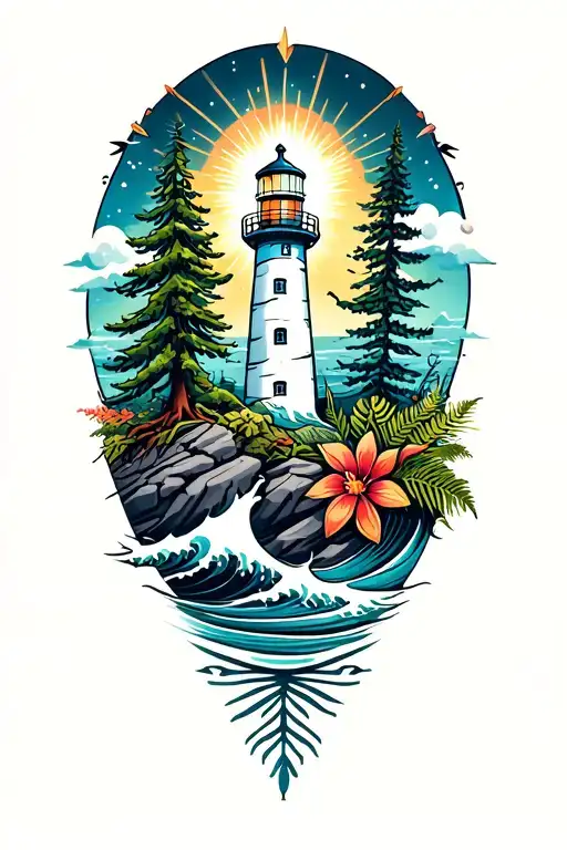lightouse with radiating light arrows framed by fir tree and wave with big coastal flower and ferns and plants on rocks tattoo design idea