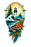 lightouse with radiating light arrows framed by fir tree and wave with big coastal flower and ferns and plants on rocks tattoo design idea
