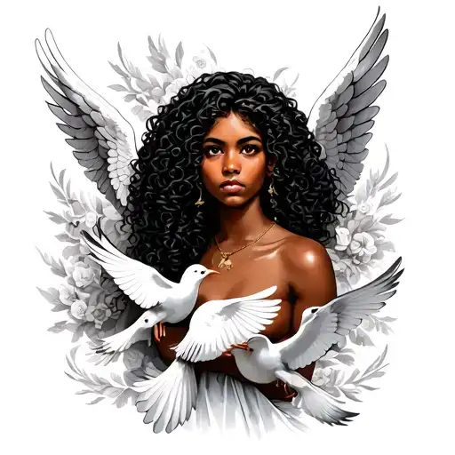 curly hair tan skin Latina guardian angel surrounded by dove birds tattoo design idea