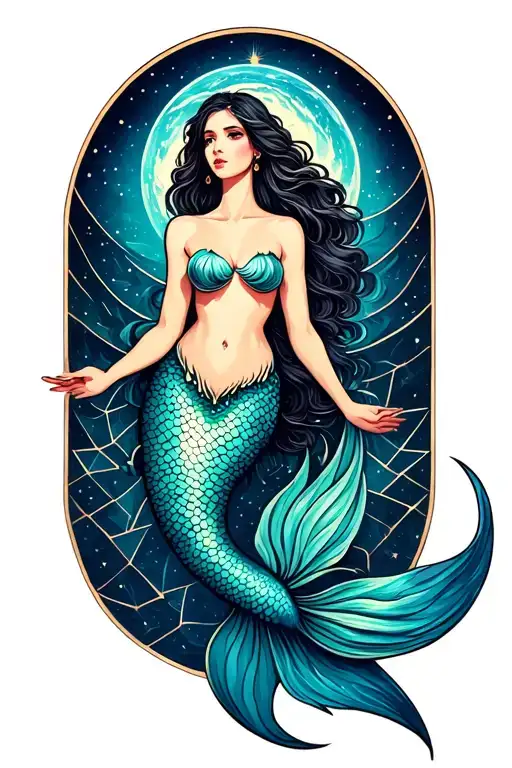 sexy mermaid opening her chest revealing the universe with her hand and long tail with geometrical shaoes in it tattoo design idea