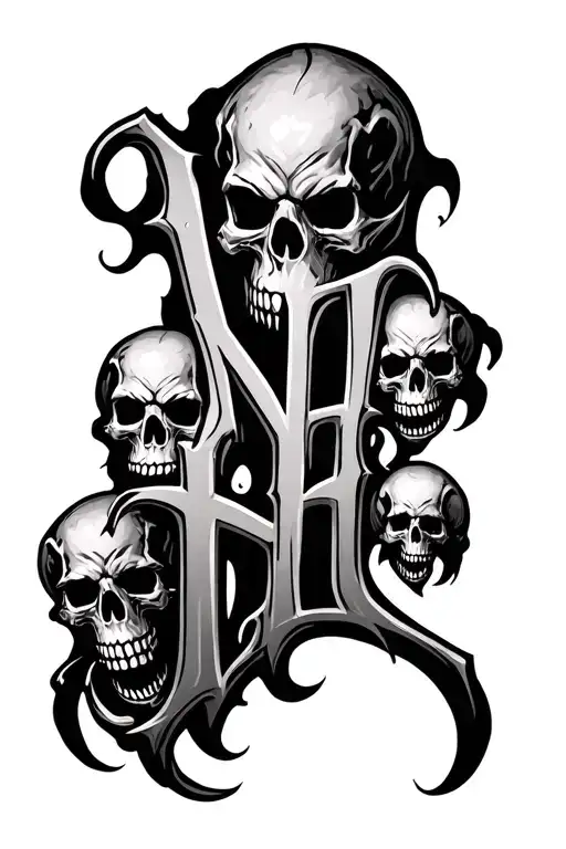 vertical gothic letters "monster" surrunded by skulls tattoo design idea