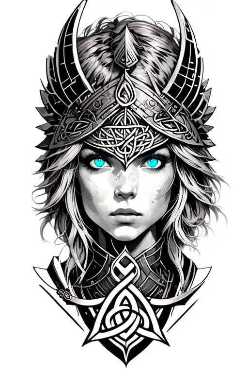 Valkyrie with blue eyes on armor tattoo design featuring Celtic trinity knot  tattoo design idea