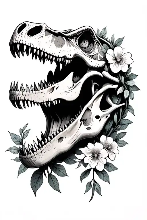 dinosaur skull with flowers blooming tattoo design idea